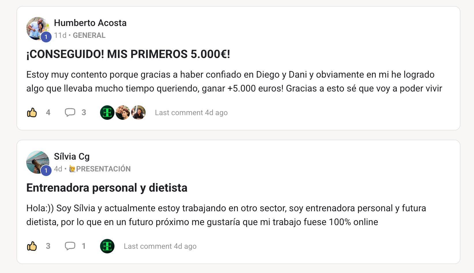 Entrenadores activos compartiendo dentro de la comunidad
